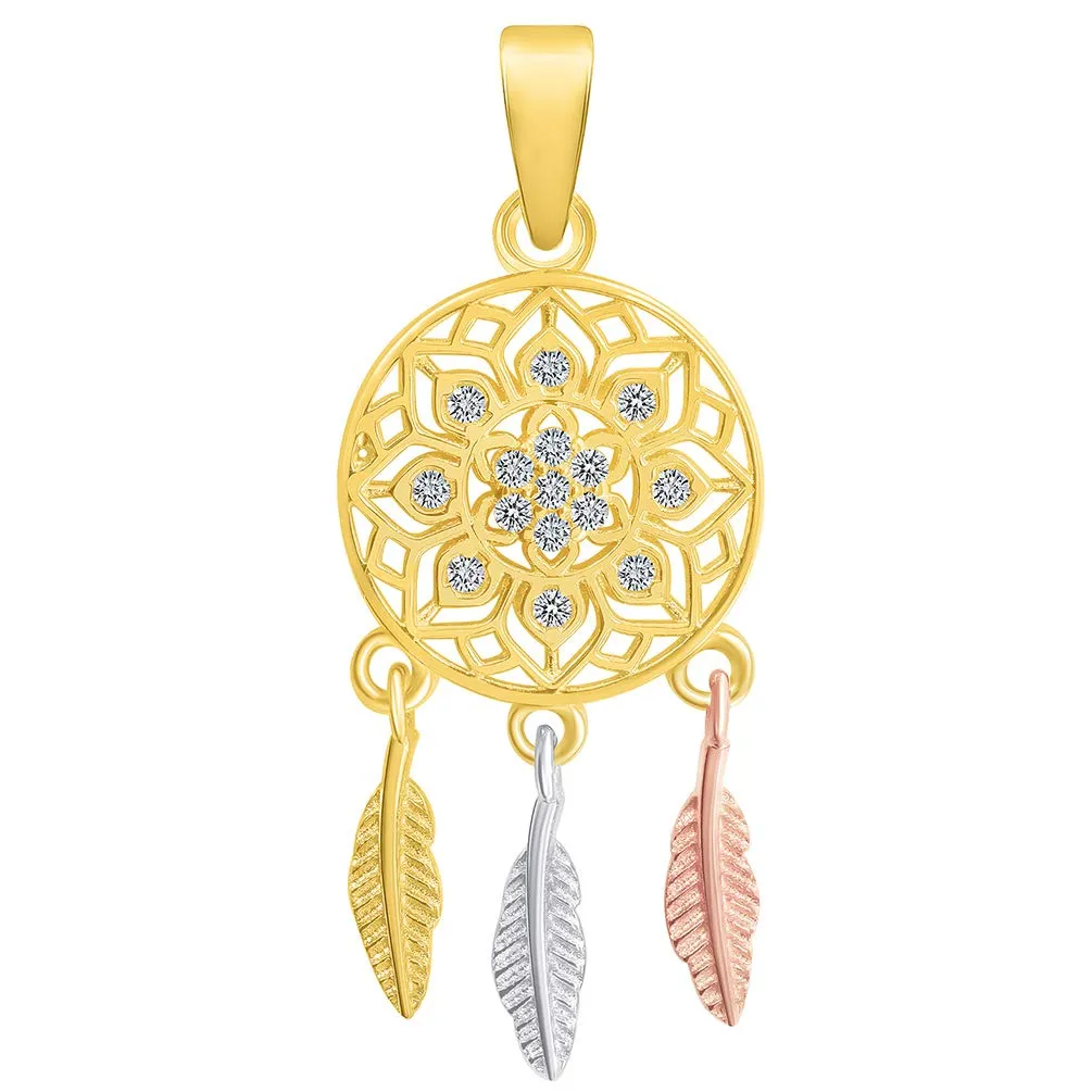 14k Yellow Gold  Native American Tri-Tone Dreamcatcher Pendant Necklace