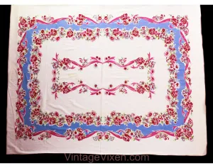 1940s Roses Tablecloth - Blue Pink White Feminine Cotton 40s 50s Table Cloth - Sweet Ribbon Garlands Flowers - Large Rectangle Border Print