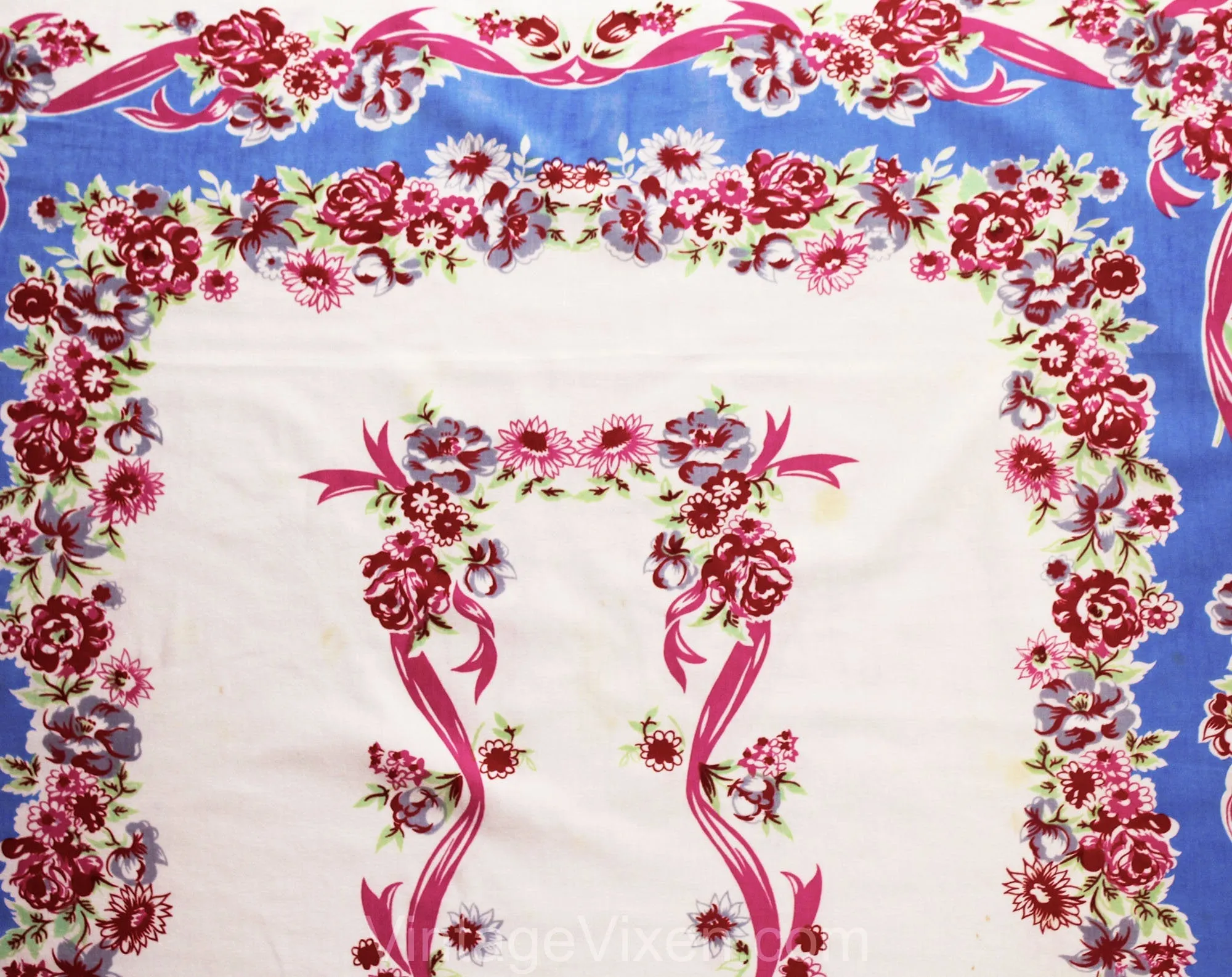 1940s Roses Tablecloth - Blue Pink White Feminine Cotton 40s 50s Table Cloth - Sweet Ribbon Garlands Flowers - Large Rectangle Border Print