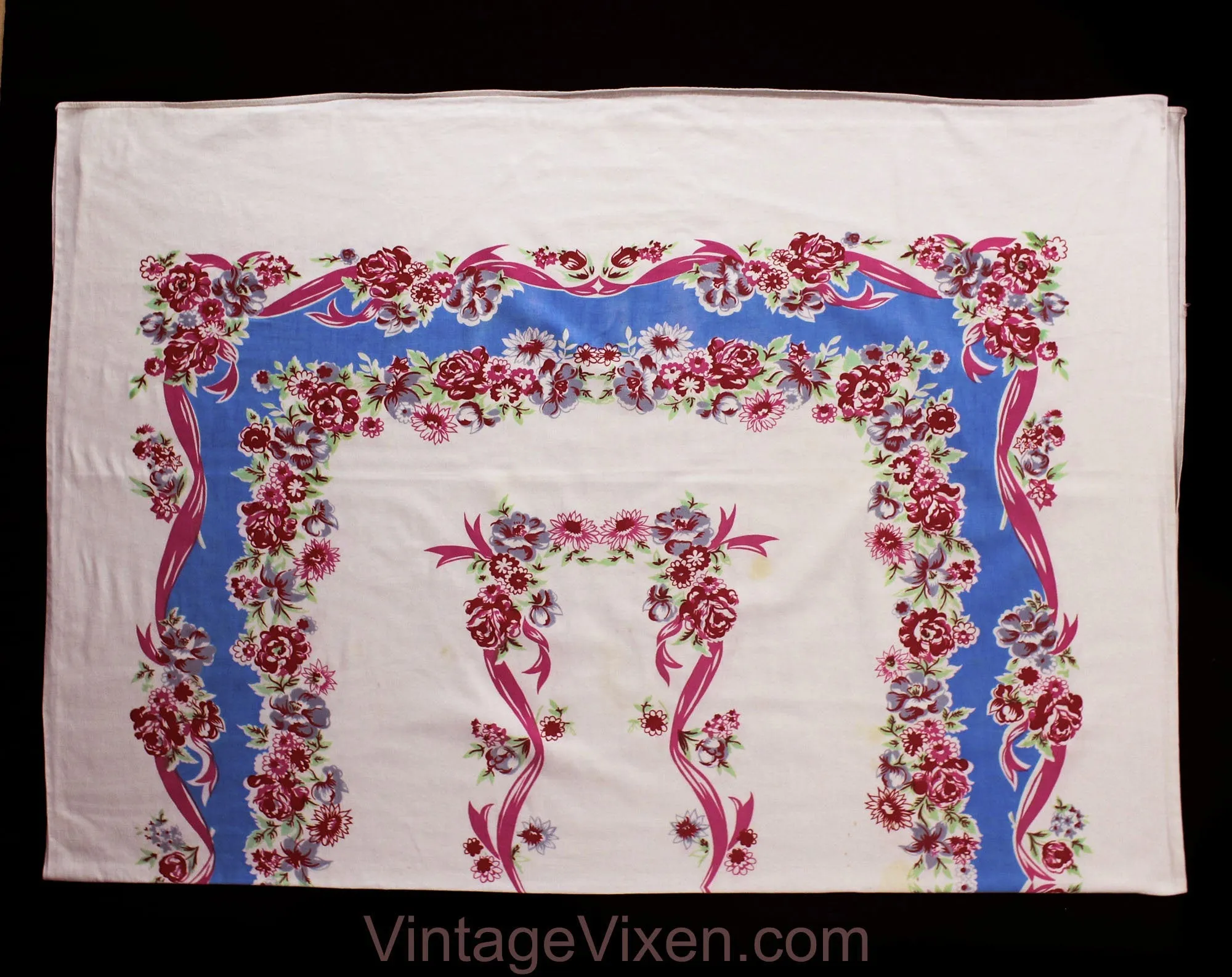 1940s Roses Tablecloth - Blue Pink White Feminine Cotton 40s 50s Table Cloth - Sweet Ribbon Garlands Flowers - Large Rectangle Border Print