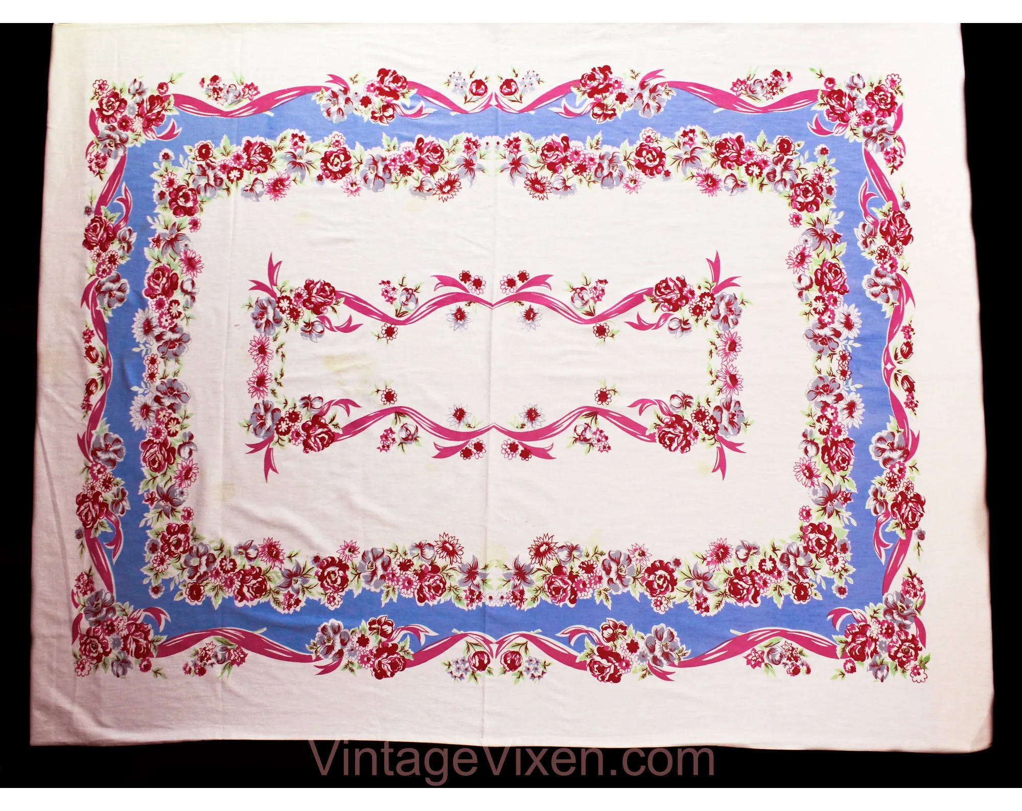 1940s Roses Tablecloth - Blue Pink White Feminine Cotton 40s 50s Table Cloth - Sweet Ribbon Garlands Flowers - Large Rectangle Border Print