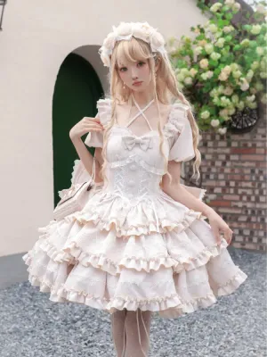 Back Champagne with OP Dress Ruffle Big Bow Princess at Corset Waist Lolita Skirt