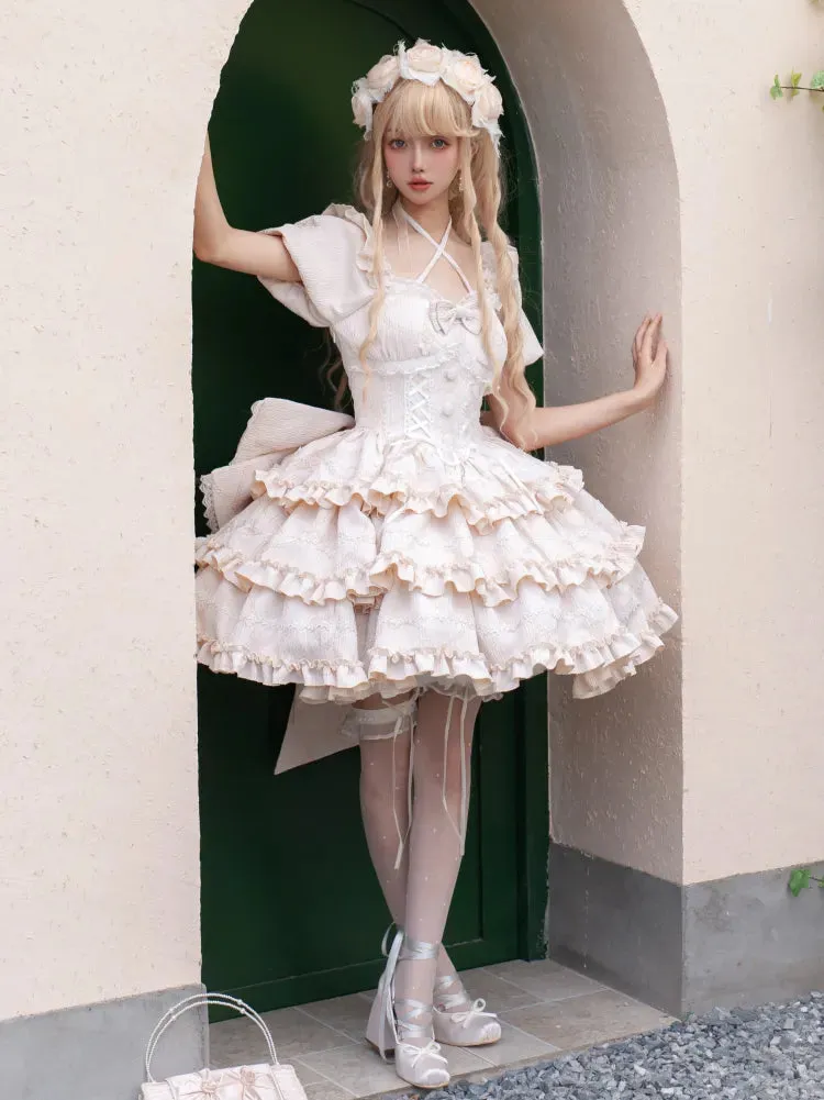 Back Champagne with OP Dress Ruffle Big Bow Princess at Corset Waist Lolita Skirt