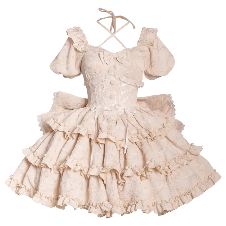 Back Champagne with OP Dress Ruffle Big Bow Princess at Corset Waist Lolita Skirt