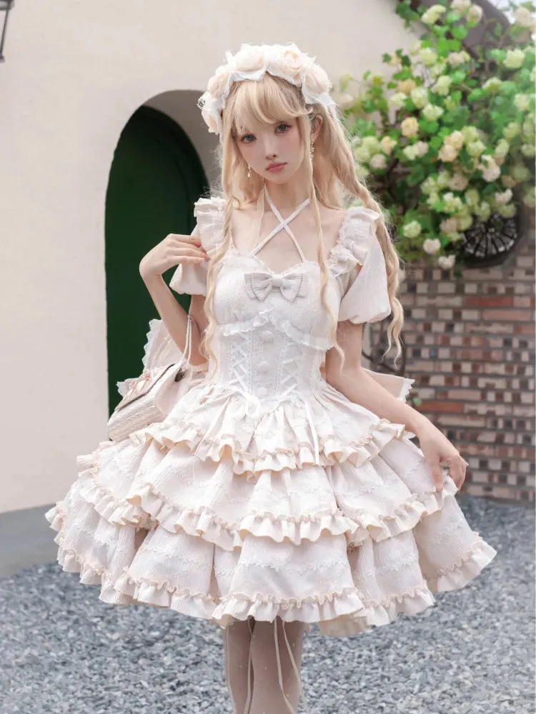 Back Champagne with OP Dress Ruffle Big Bow Princess at Corset Waist Lolita Skirt