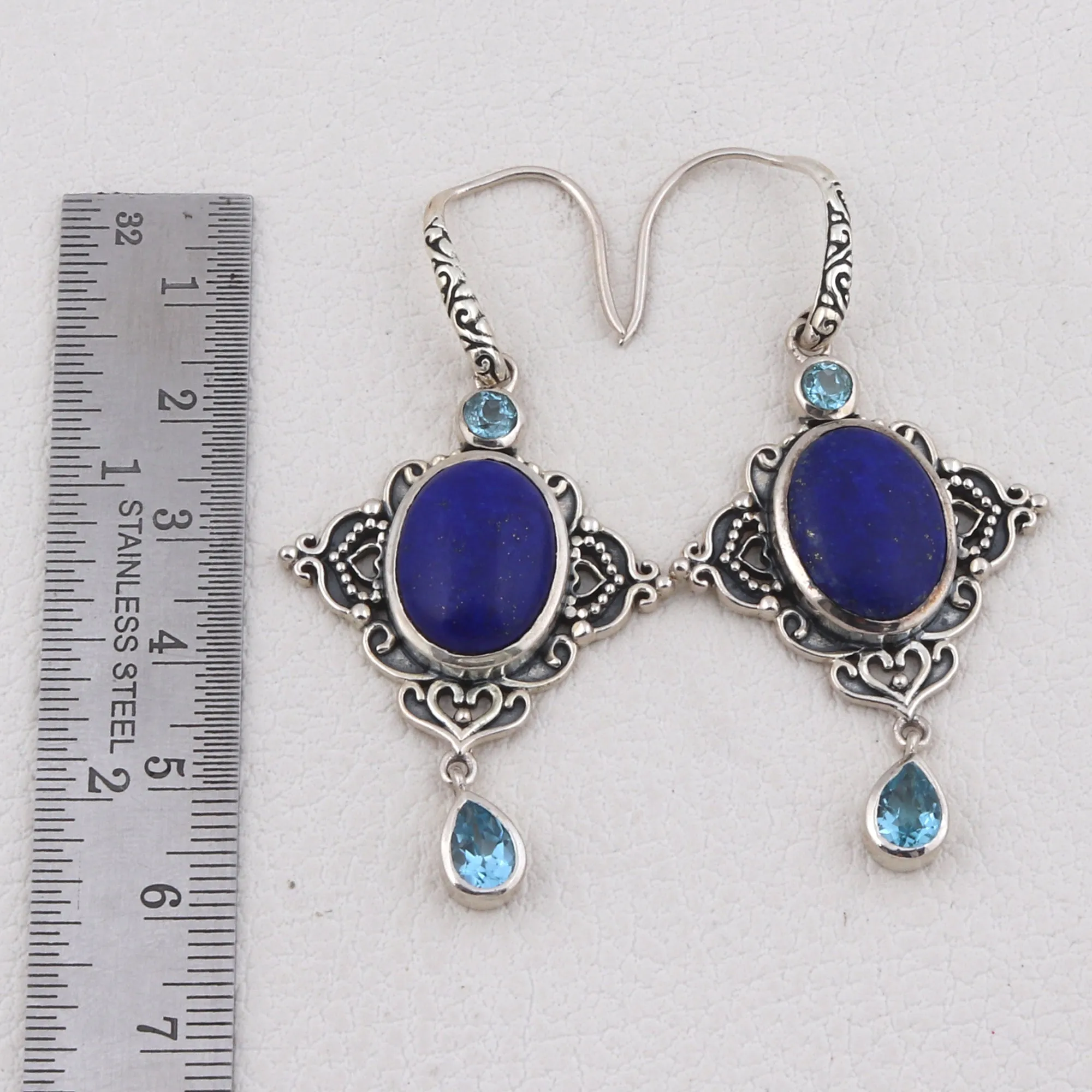 Beautiful Lapis & Blue Topaz Jewelry Set Pendant, Ring & Earring 925 Sterling Silver
