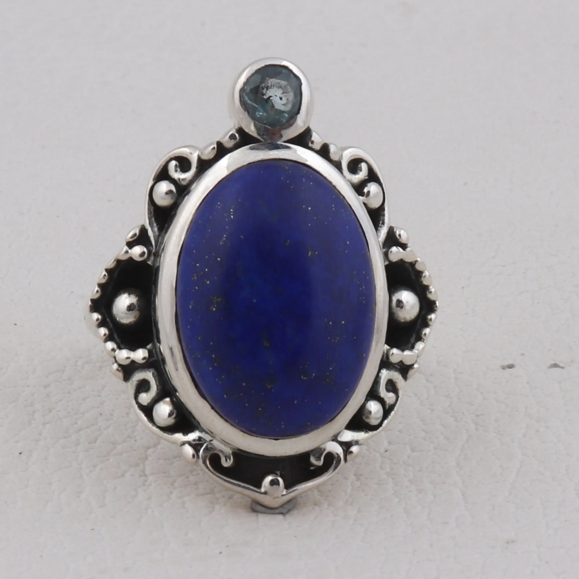 Beautiful Lapis & Blue Topaz Jewelry Set Pendant, Ring & Earring 925 Sterling Silver