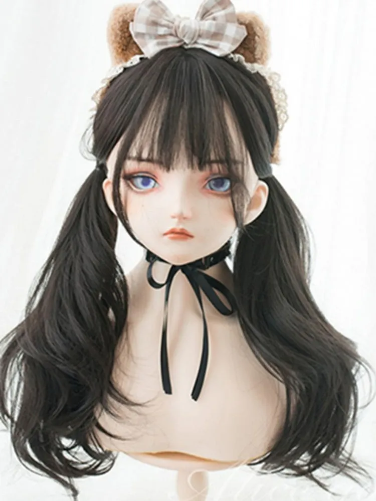 Black-brown 60CM Long Wavy Wig With Air Bangs