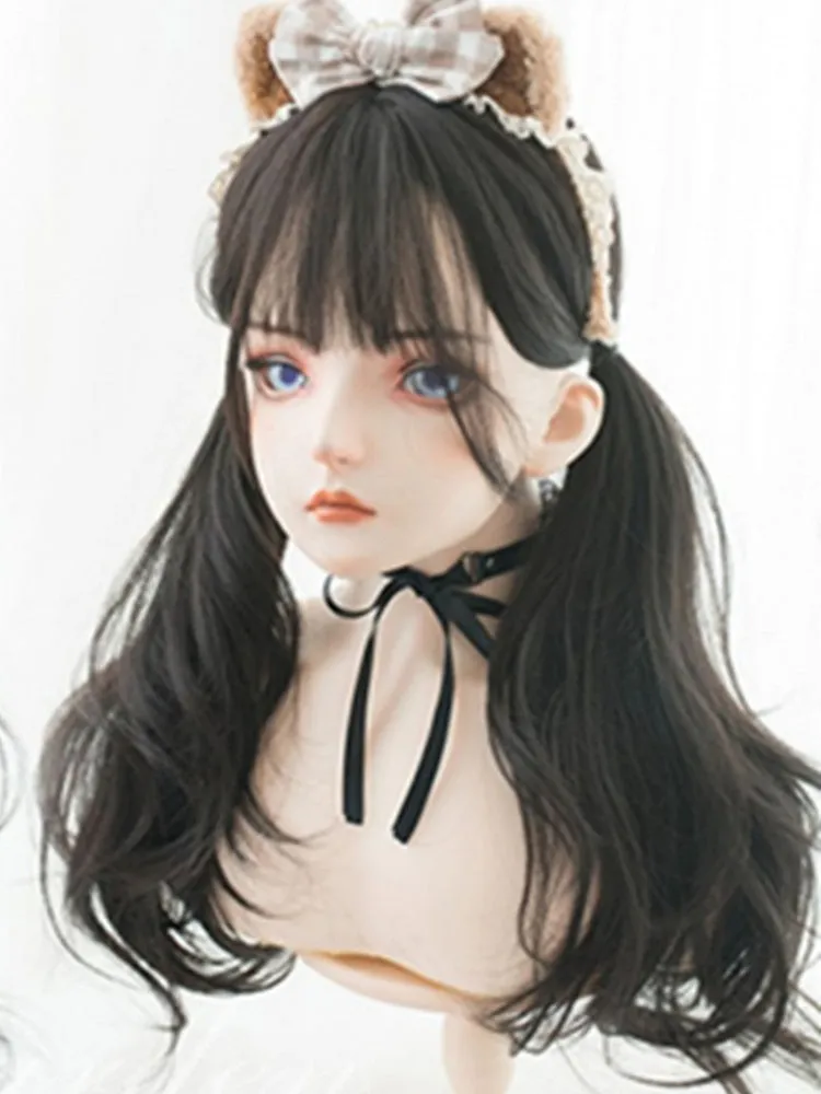Black-brown 60CM Long Wavy Wig With Air Bangs