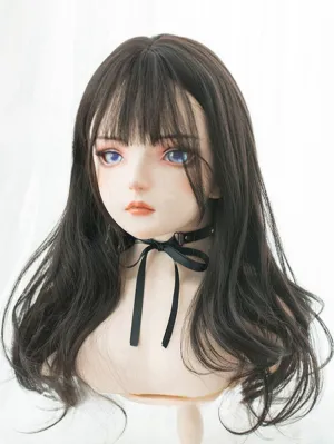 Black-brown 60CM Long Wavy Wig With Air Bangs