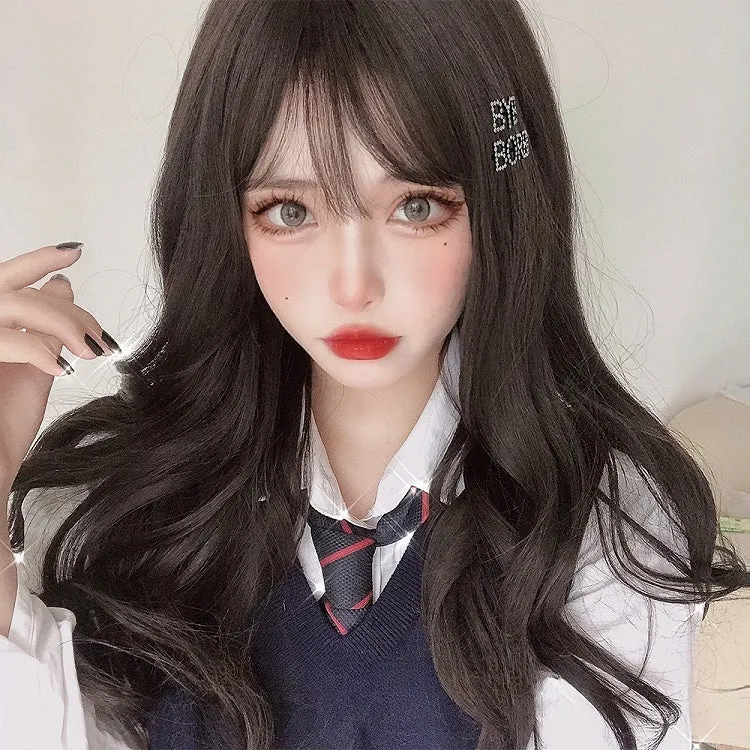 Black-brown 60CM Long Wavy Wig With Air Bangs