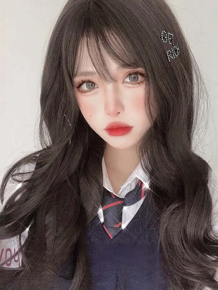 Black-brown 60CM Long Wavy Wig With Air Bangs