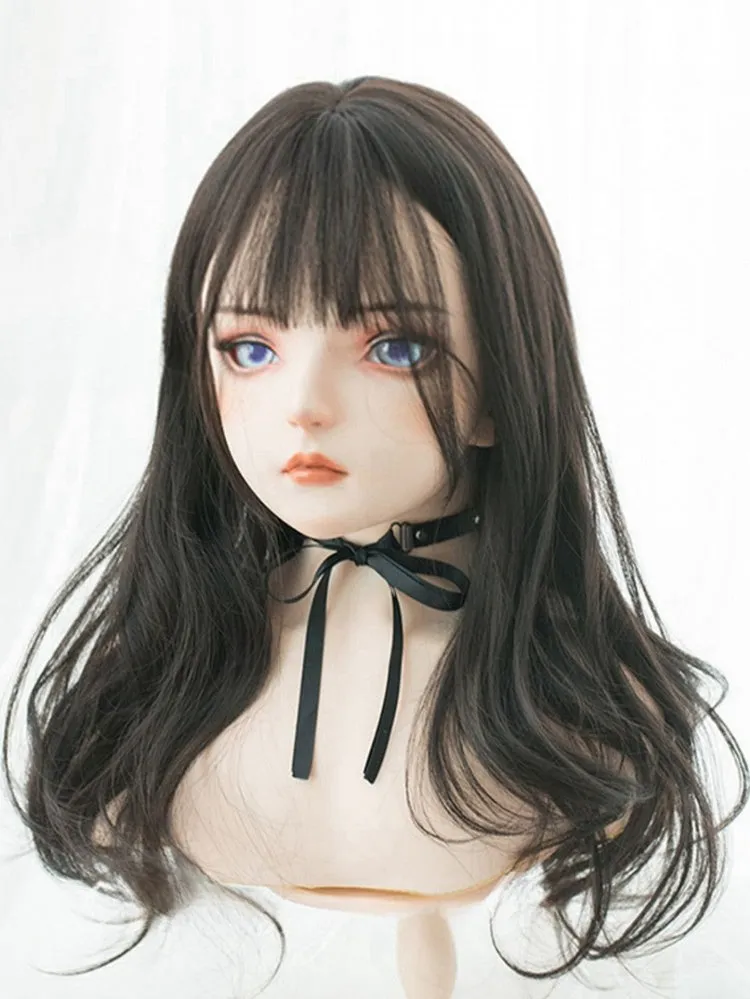 Black-brown 60CM Long Wavy Wig With Air Bangs