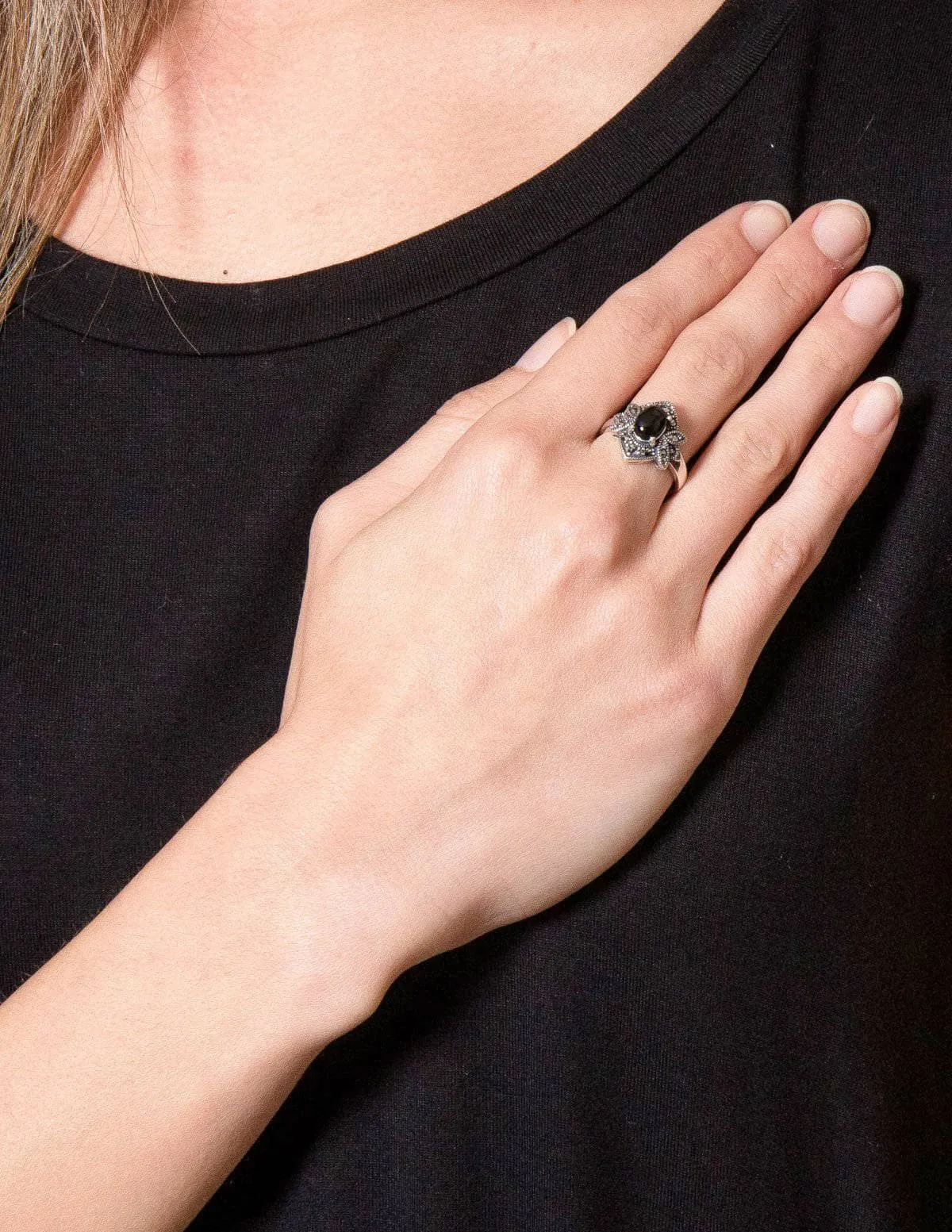 Black Onyx Mini Marcasite Ring