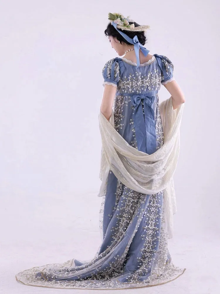 Blue Empire Waist Floral Elegant Lolita Maxi Dress Floor Length Version