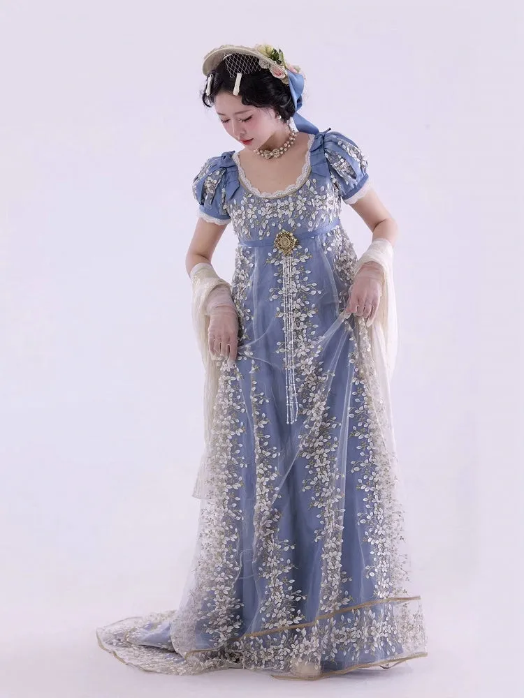 Blue Empire Waist Floral Elegant Lolita Maxi Dress Floor Length Version