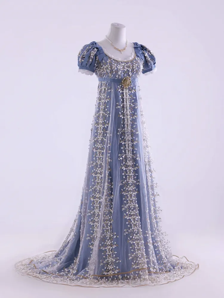 Blue Empire Waist Floral Elegant Lolita Maxi Dress Floor Length Version