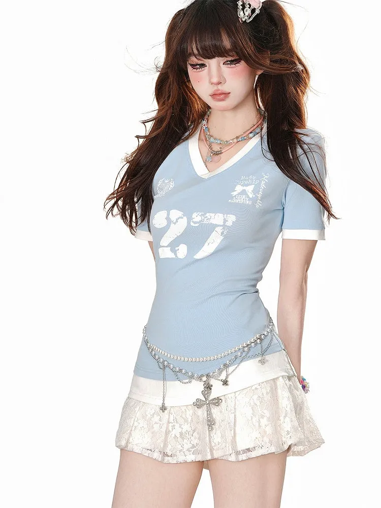 Blue V-neck Slim-fit Short Sleeves Top