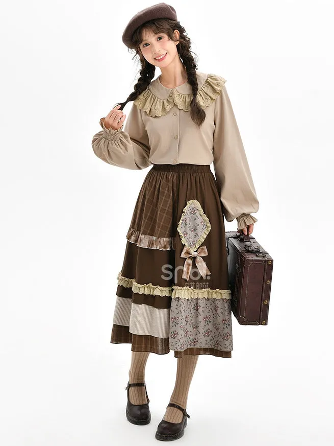 Brown Mori Kei High Waist Patchwork Skirt Lace Trim