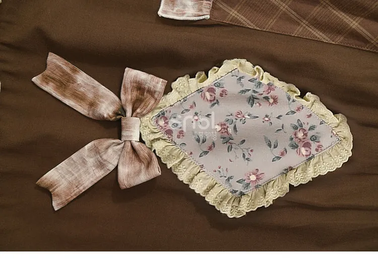 Brown Mori Kei High Waist Patchwork Skirt Lace Trim