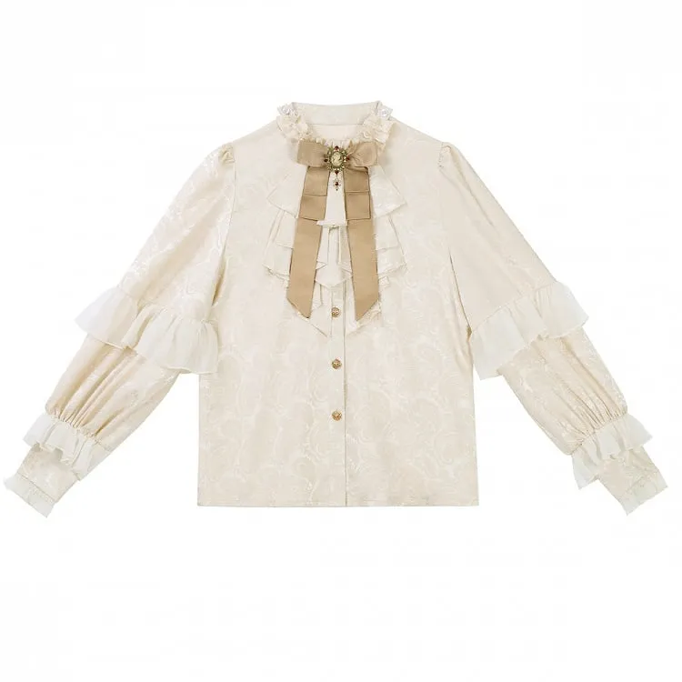 Champagne Ouji Lolita Prince Outfit Ruffle Neckline Long Sleeves Shirt Striped Overall Shorts