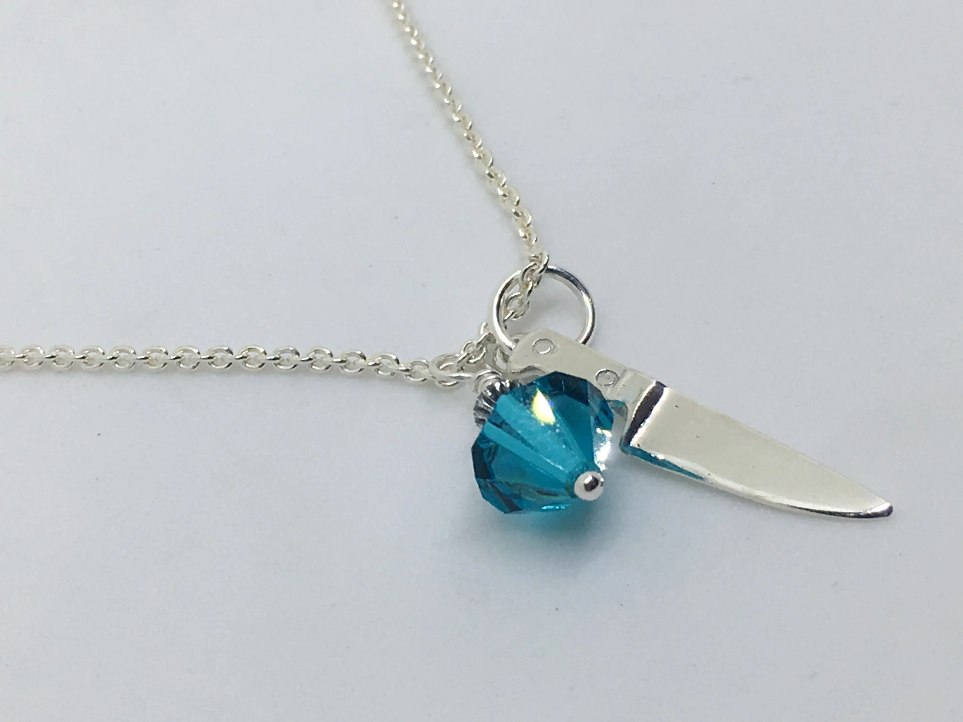 Chef Knife Necklace with Swarovski Aqua Blue Crystal Dangle