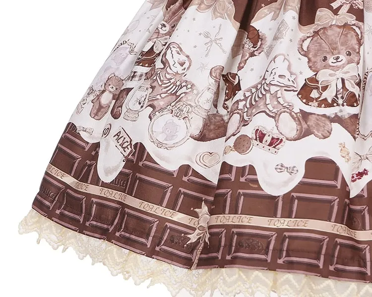 Coffee Chocolate Teddy Bear Lace Trim Big Bow Sweet Lolita Dress Jumper Skirt
