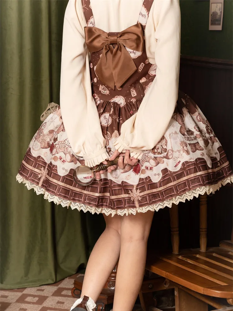 Coffee Chocolate Teddy Bear Lace Trim Big Bow Sweet Lolita Dress Jumper Skirt