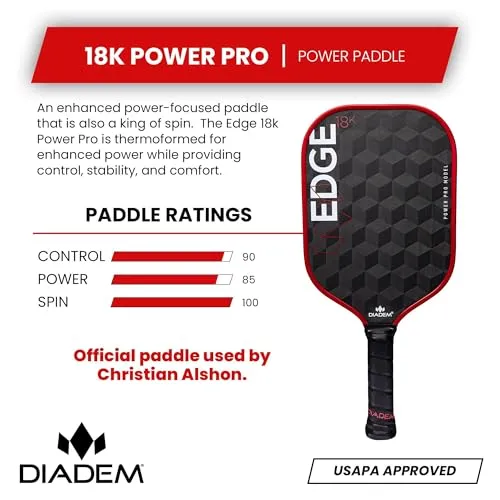 Diadem Edge 18K Power Pro Thermoformed Pickleball Paddle USAPA Approved | 18K Carbon Fiber Face for Spin & Control | 16mm Control Paddle