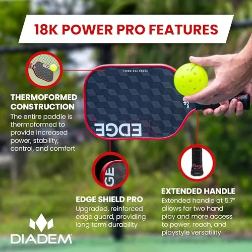 Diadem Edge 18K Power Pro Thermoformed Pickleball Paddle USAPA Approved | 18K Carbon Fiber Face for Spin & Control | 16mm Control Paddle