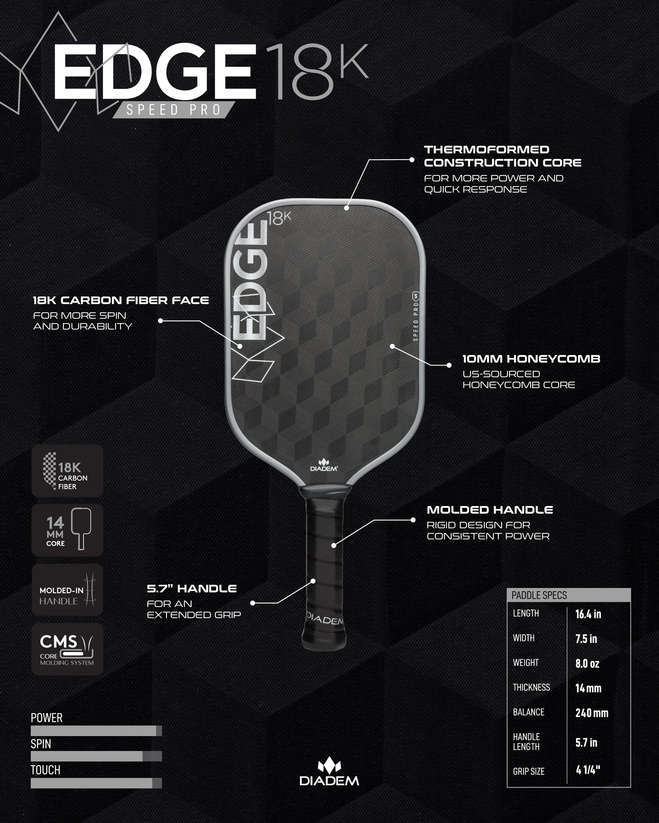Diadem Edge 18K Speed Pro Pickleball Paddle