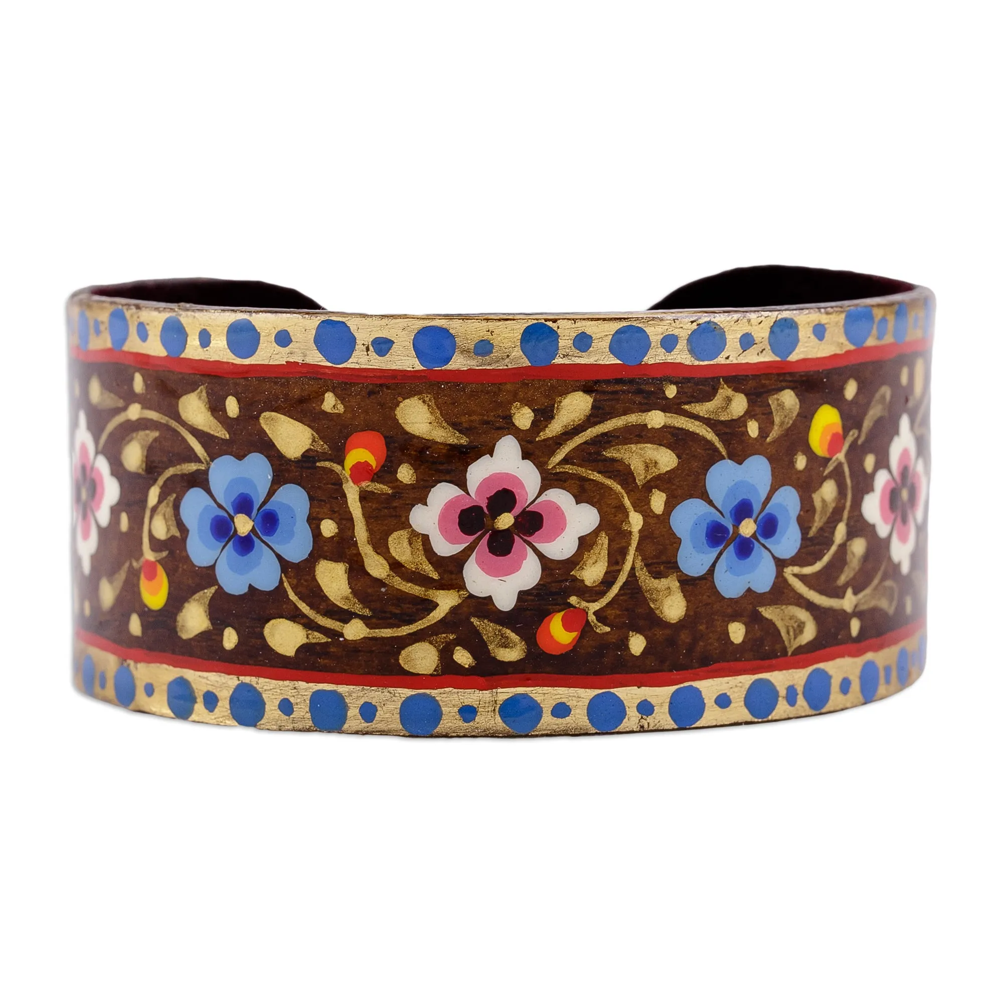 Floral Adjustable Golden, Blue and Brown Tin Cuff Bracelet - Goddess of Mountains | NOVICA