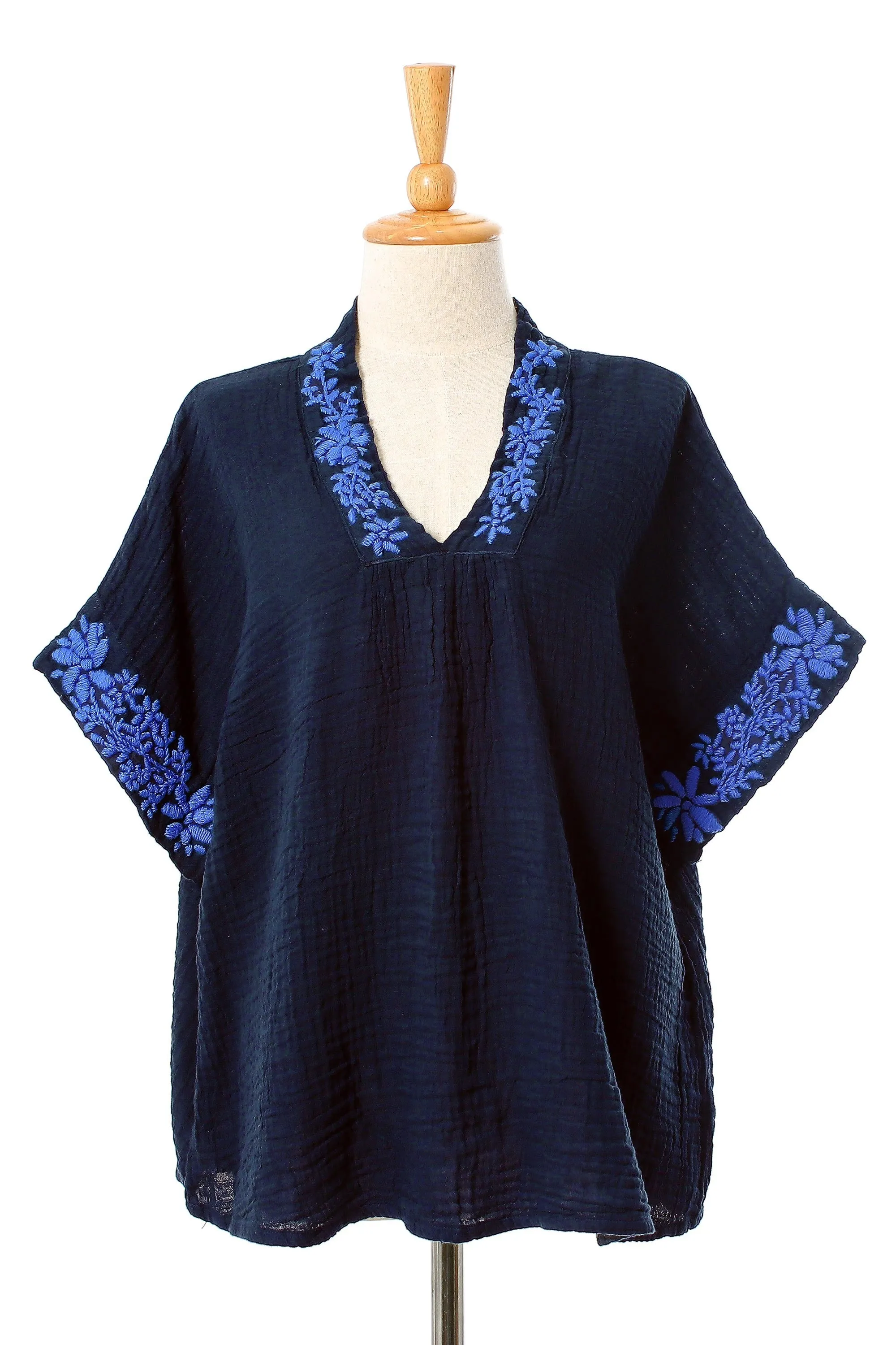 Floral Embroidered Cotton Blouse in Navy from Thailand - Classic Bloom in Navy | NOVICA