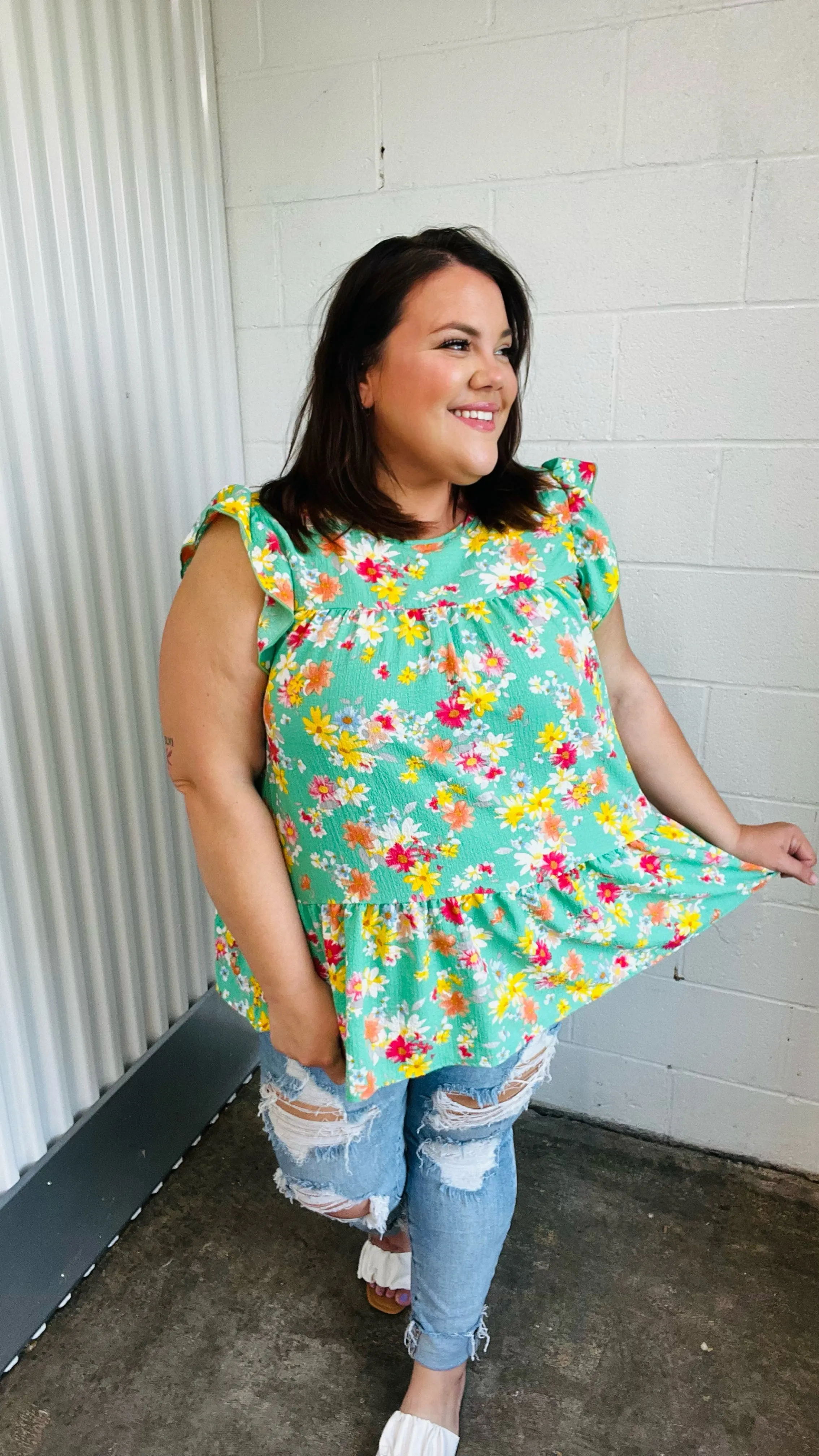 In The Garden Mint Floral Yoke Flutter Sleeve Keyhole Back Top
