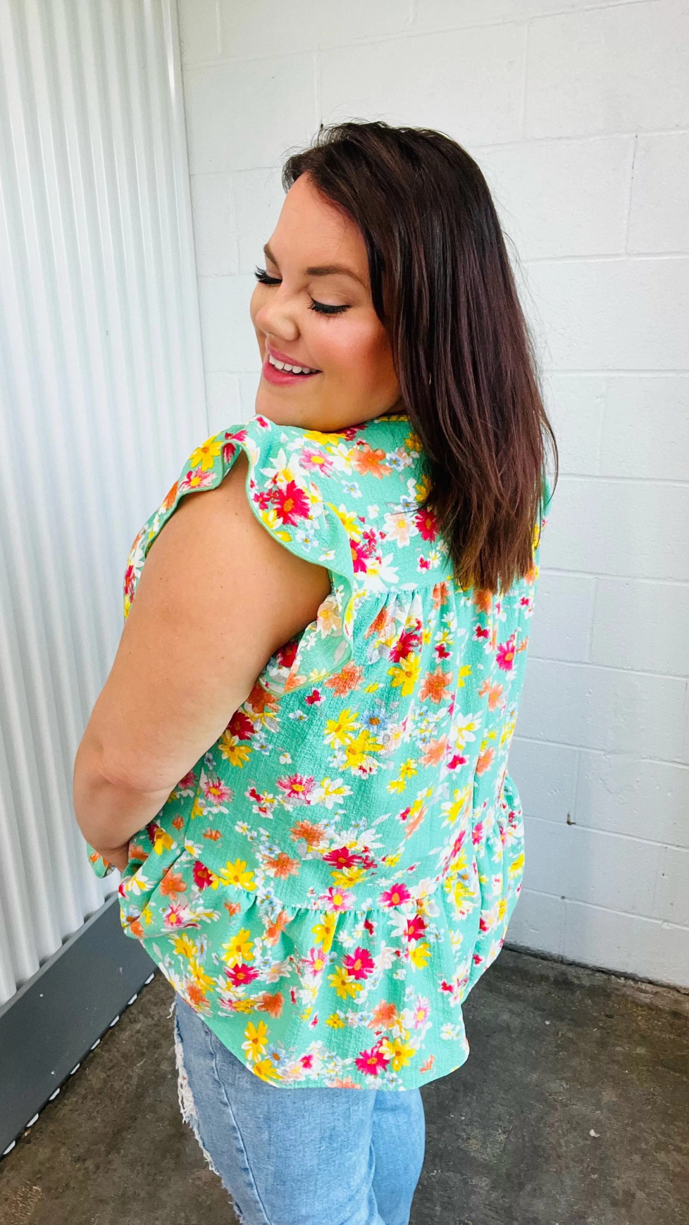 In The Garden Mint Floral Yoke Flutter Sleeve Keyhole Back Top