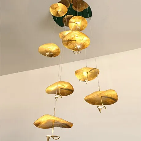 Luxurious Artistic Creativity All Copper Lotus Leaf Chandelier Designer Double Stair Hall Chandelier