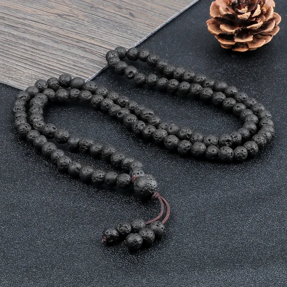 Men Volcanic Lava Stone Beaded Necklace 108 Mala Beads Meditation Yoga Wrap Bracelets Handmade Black Energy Jewelry Oil Diffuser
