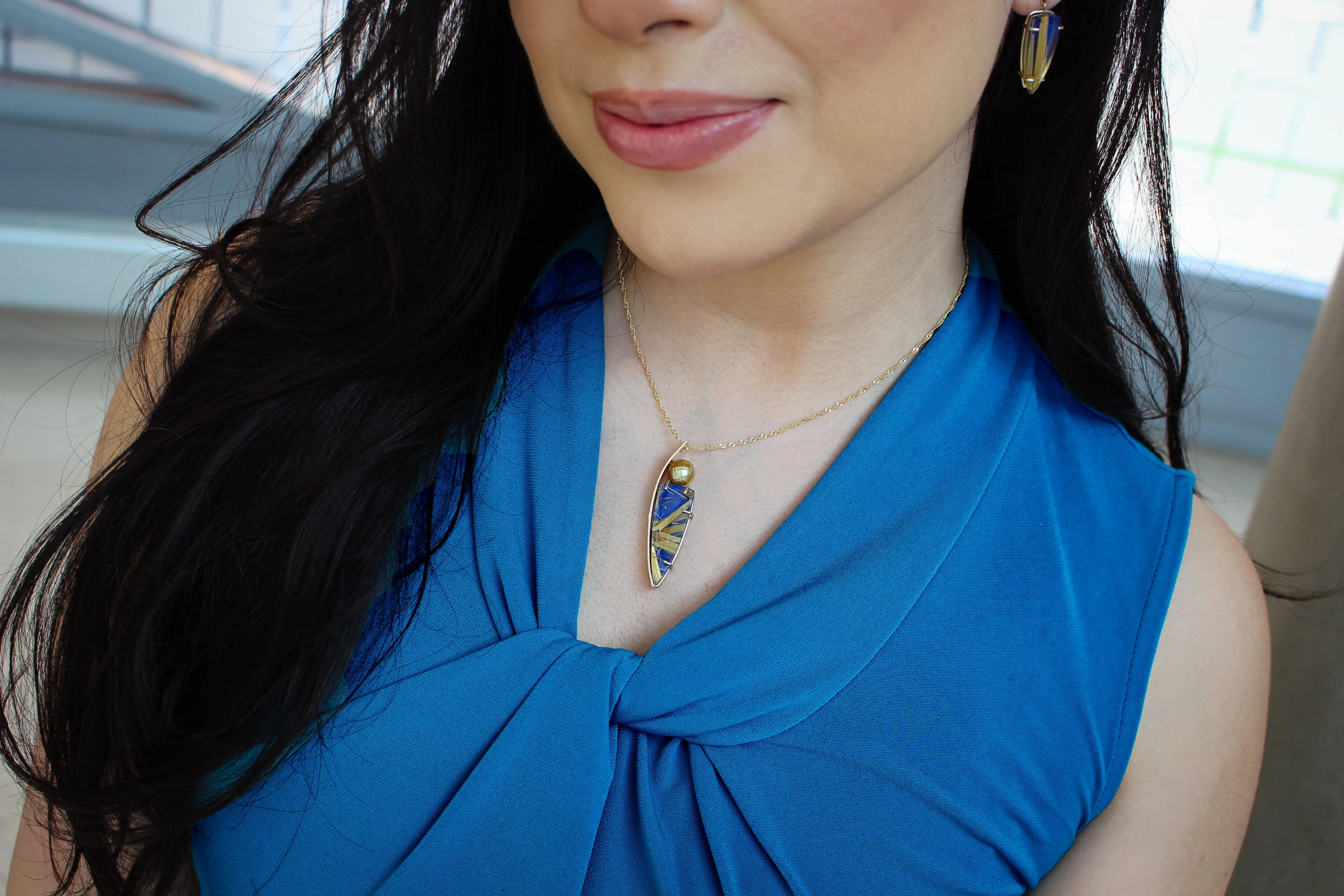 Modern Rutilated Quartz Lapis Golden Pearl Matching Set