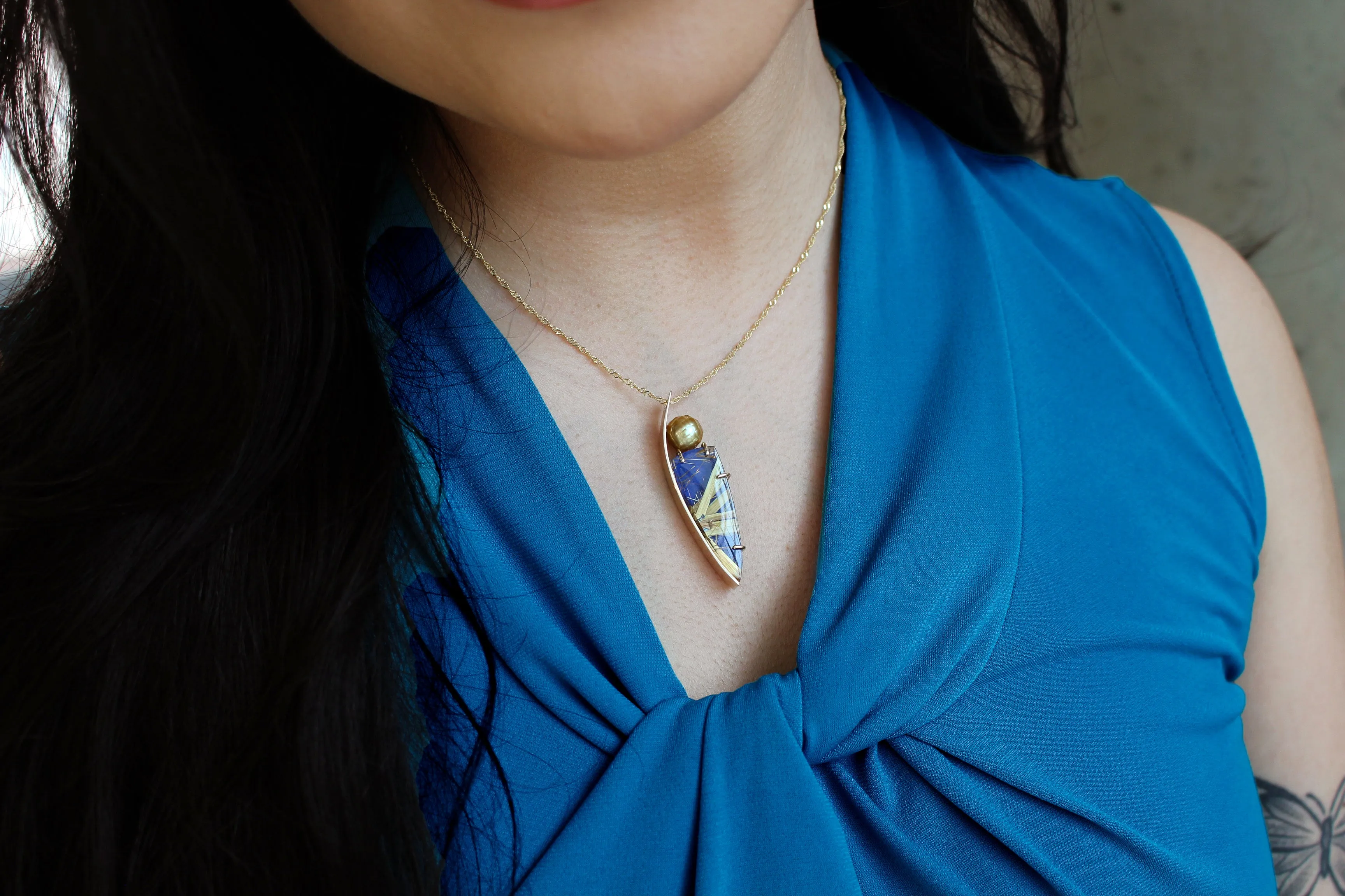 Modern Rutilated Quartz Lapis Golden Pearl Matching Set