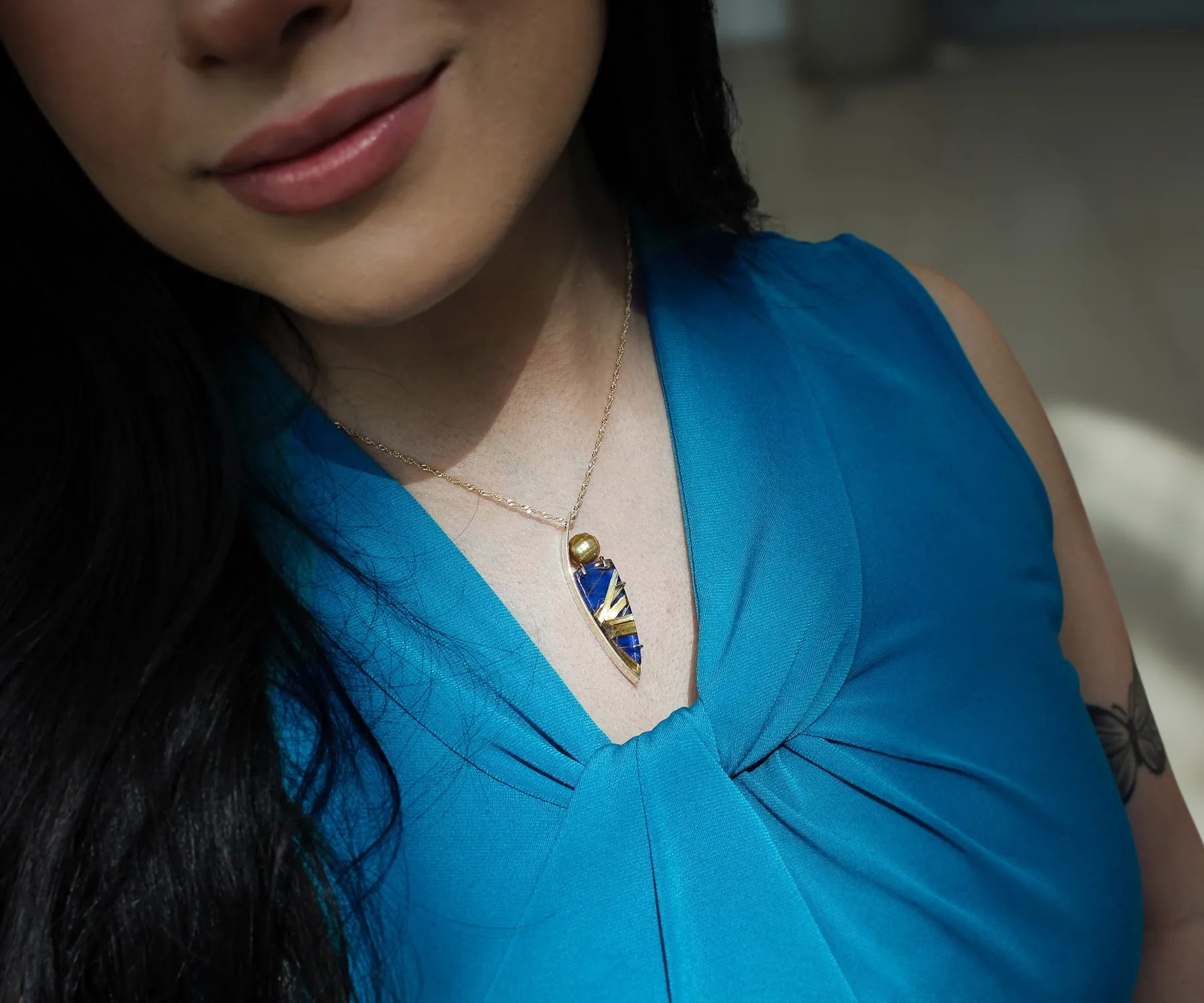 Modern Rutilated Quartz Lapis Golden Pearl Matching Set