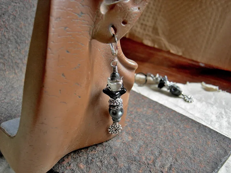 Night Queen Sugar Skull Earrings, Glass Flowers, Black, Silver & Gray