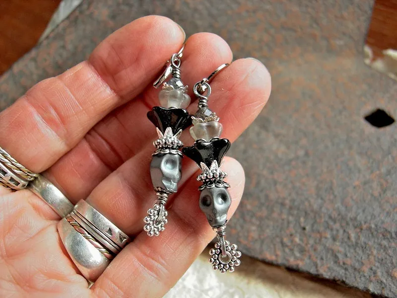 Night Queen Sugar Skull Earrings, Glass Flowers, Black, Silver & Gray