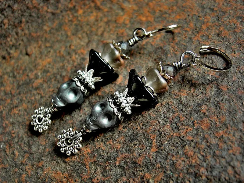 Night Queen Sugar Skull Earrings, Glass Flowers, Black, Silver & Gray