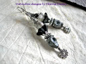 Night Queen Sugar Skull Earrings, Glass Flowers, Black, Silver & Gray