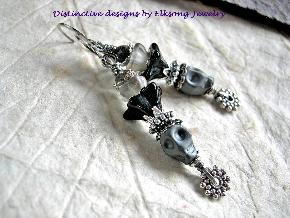 Night Queen Sugar Skull Earrings, Glass Flowers, Black, Silver & Gray