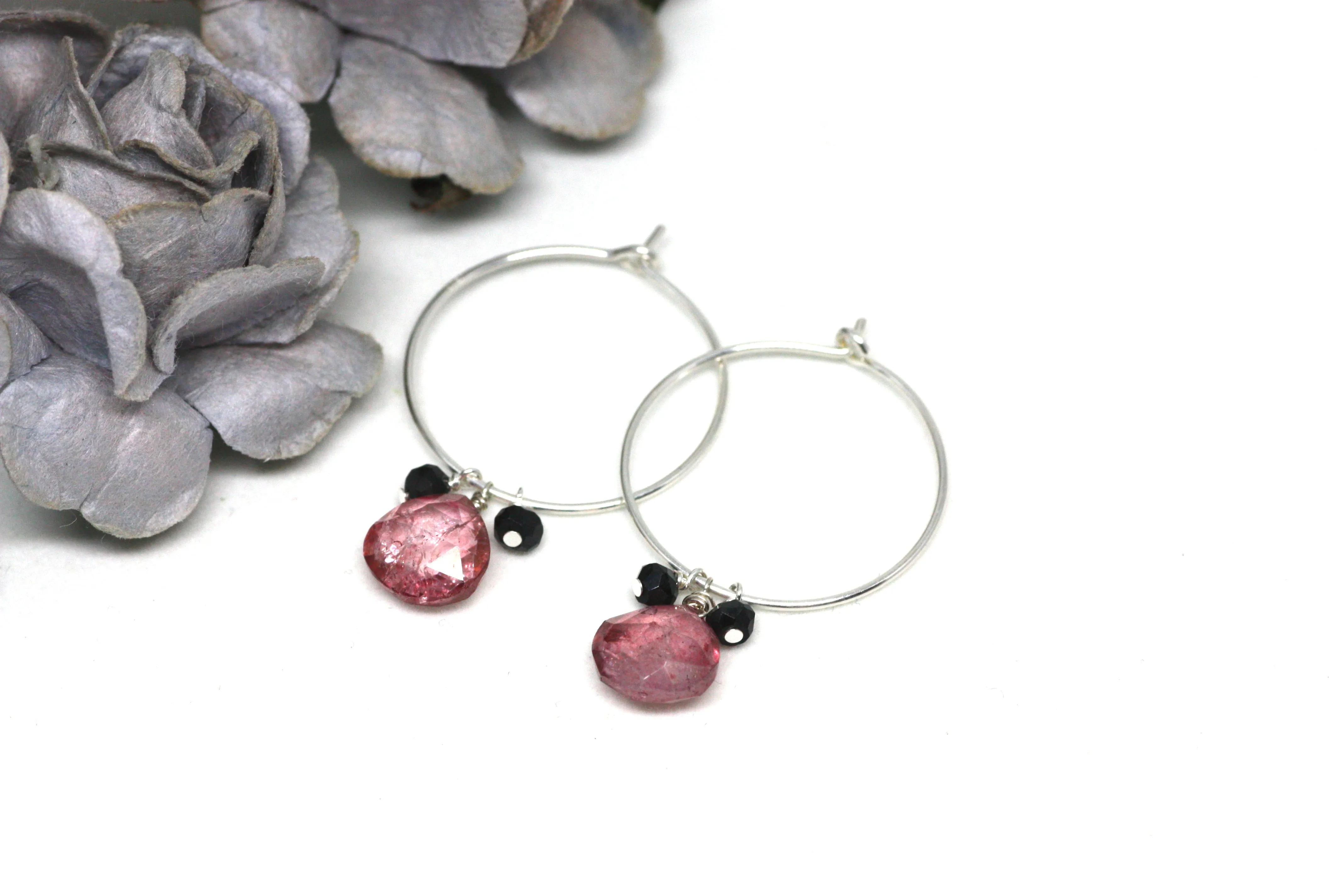 Pink Quartz and Black Spinel Hoop Earrings in Silver