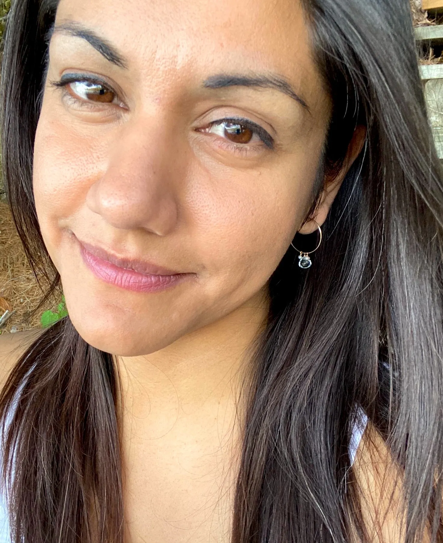 Pink Quartz and Black Spinel Hoop Earrings in Silver