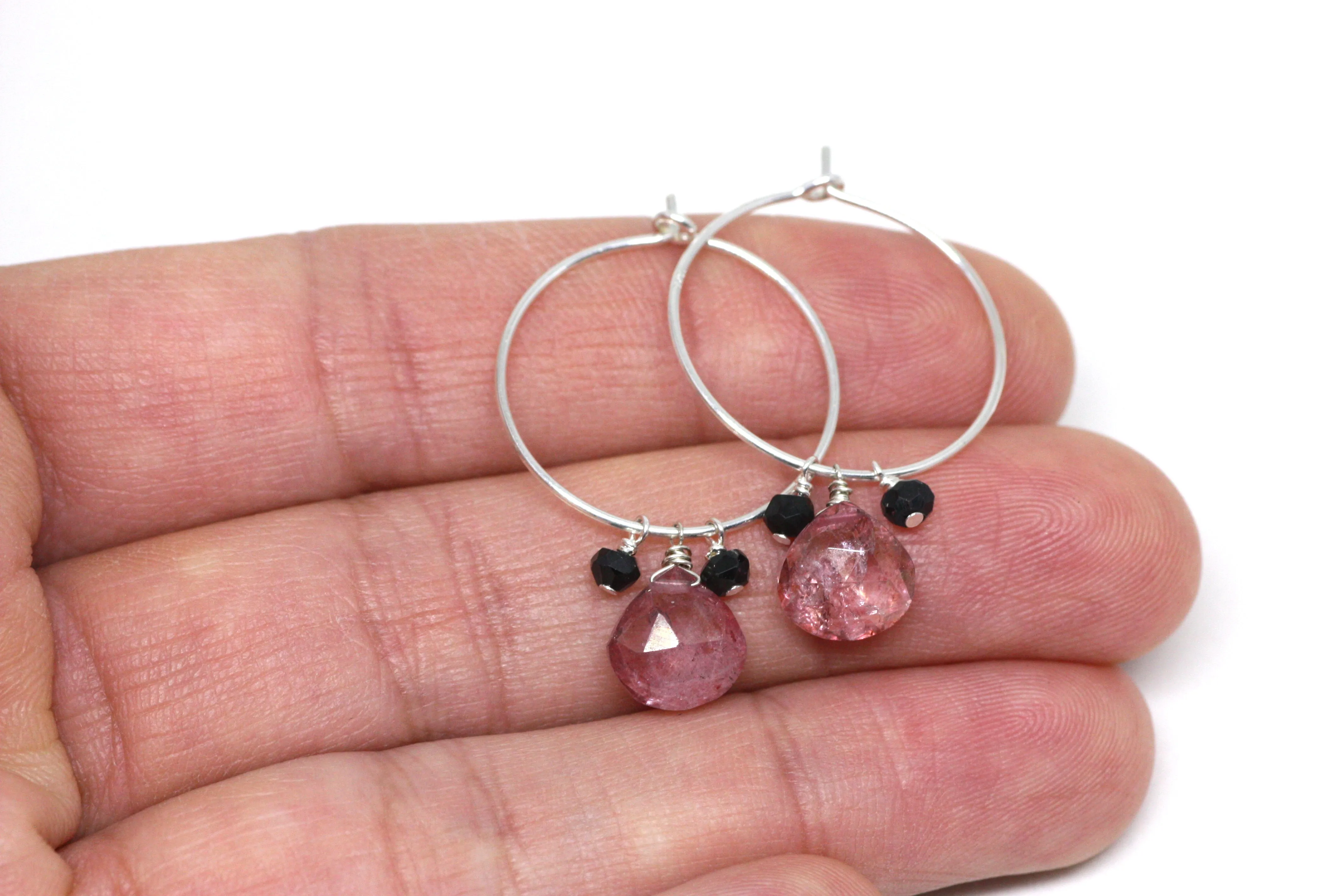 Pink Quartz and Black Spinel Hoop Earrings in Silver