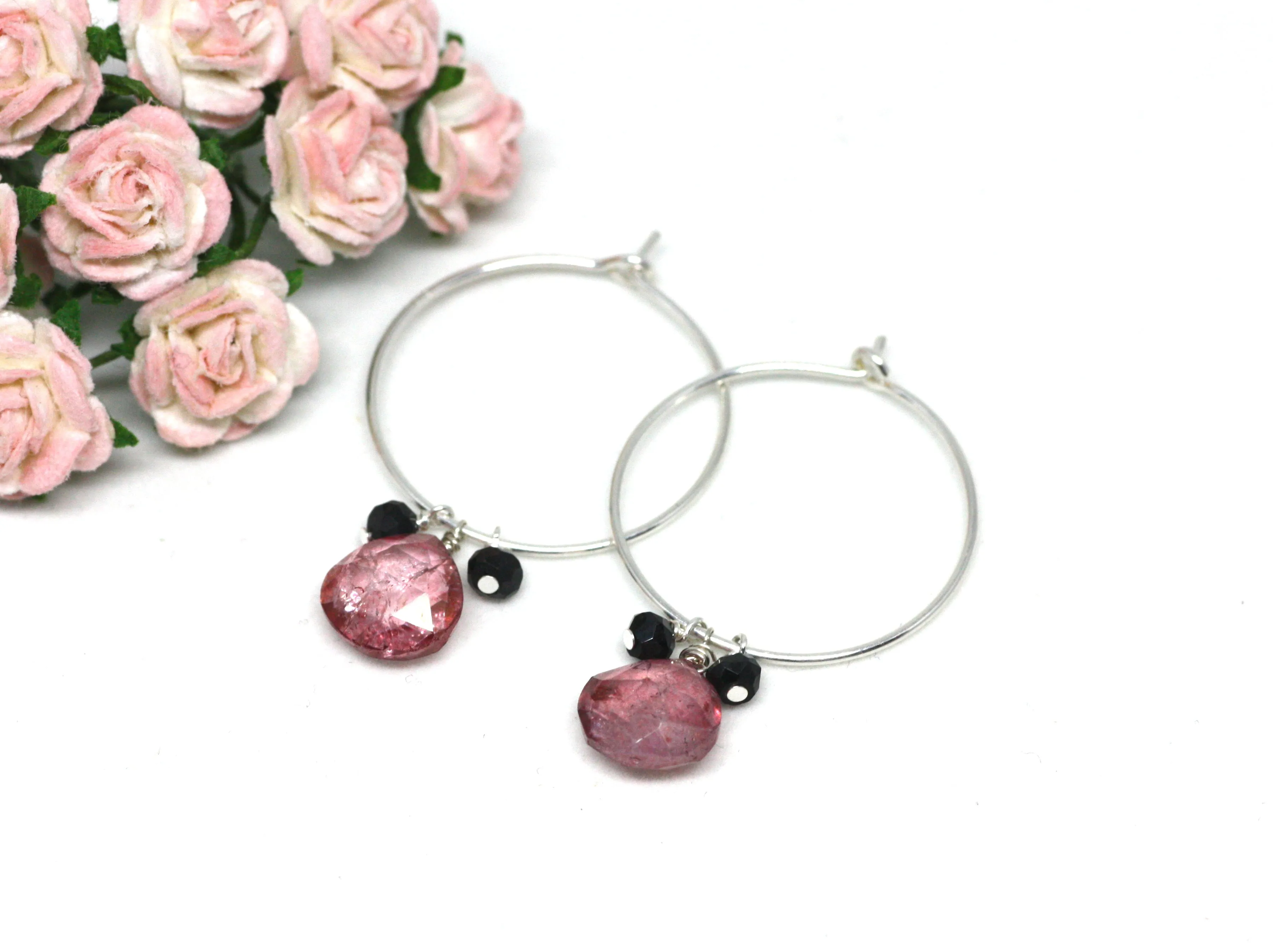 Pink Quartz and Black Spinel Hoop Earrings in Silver