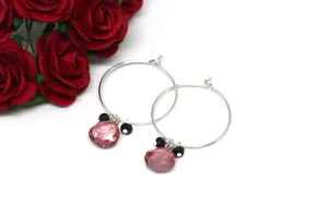 Pink Quartz and Black Spinel Hoop Earrings in Silver